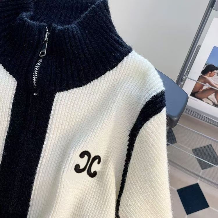 Suéter Para Mujer Diseñador Cardigan De Punto Chaqueta De Lujo Tops Otoño Invierno Abrigo Bordado Stand Up Collar Color Bloqueado Suéter De Manga Larga - Imagen 3