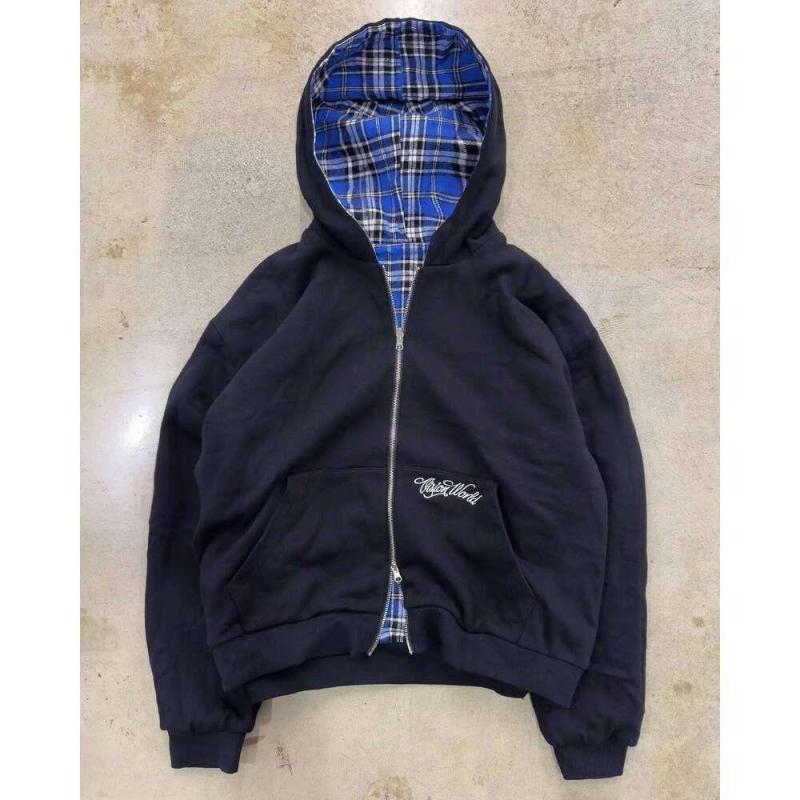 Sudadera Con Capucha A Cuadros Azul De Doble Cara Para Hombre Y Mujer, Chaqueta Con Capucha Holgada Bordada Con Cremallera, Ropa De Calle Y2k, Sudadera Informal Para Pareja, Novedad De 2026