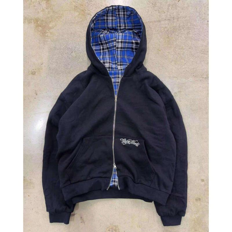 Sudadera Con Capucha A Cuadros Azul De Doble Cara Para Hombre Y Mujer, Chaqueta Con Capucha Holgada Bordada Con Cremallera, Ropa De Calle Y2k, Sudadera Informal Para Pareja, Novedad De 2026 - Imagen 3
