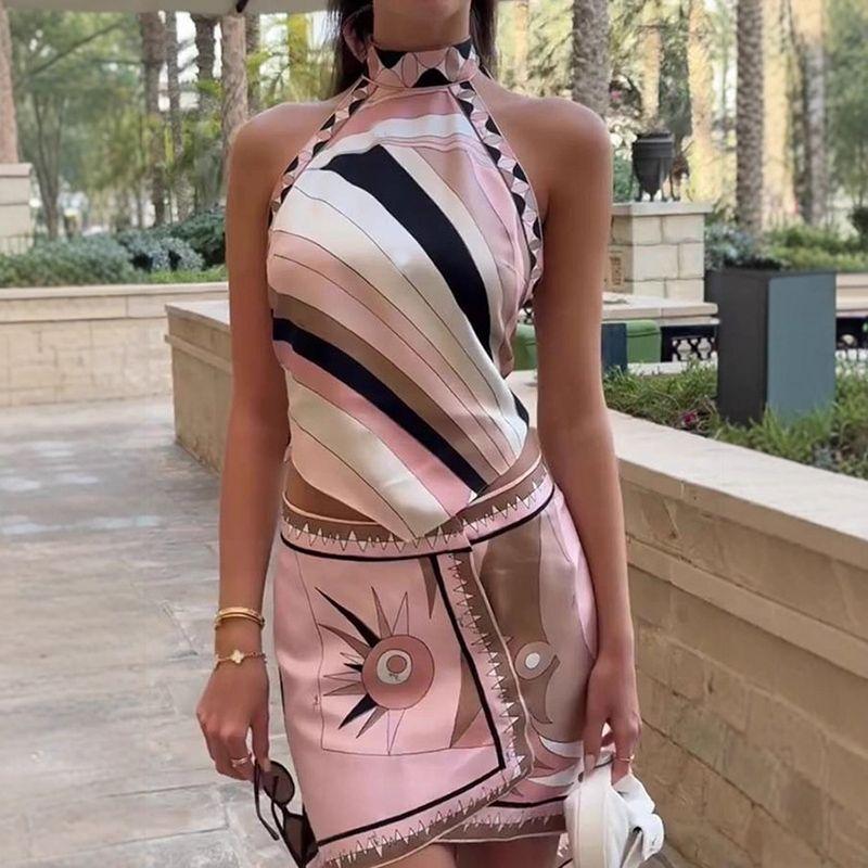 Traje De Falda Para Mujer De Verano Con Top Halter Geométrico Y Falda Asimétrica 2 Piezas Casual Para Playa