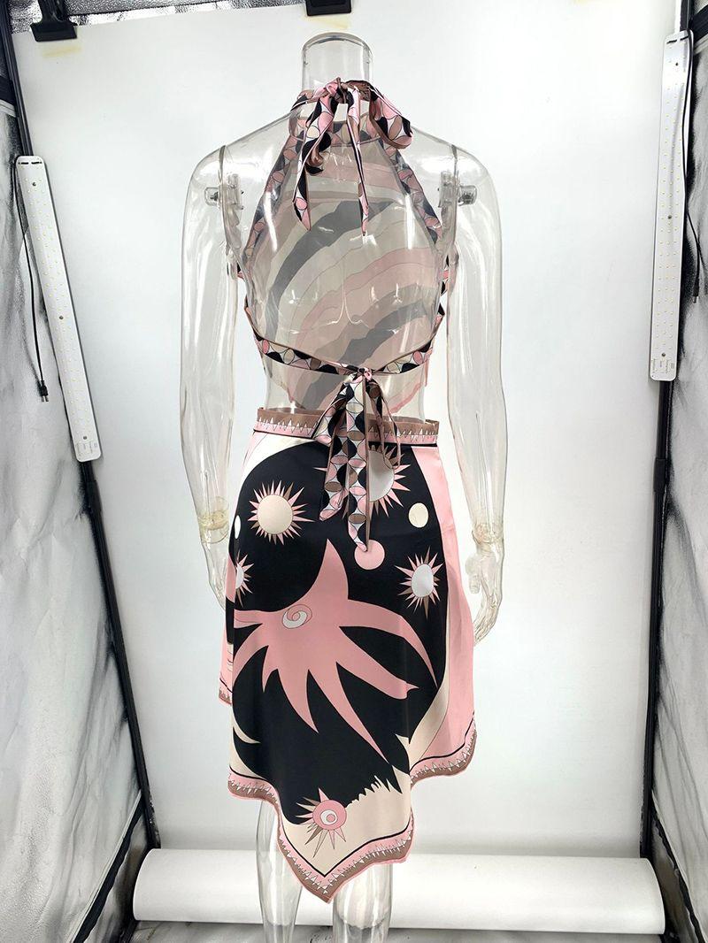 Traje De Falda Para Mujer De Verano Con Top Halter Geométrico Y Falda Asimétrica 2 Piezas Casual Para Playa - Imagen 3