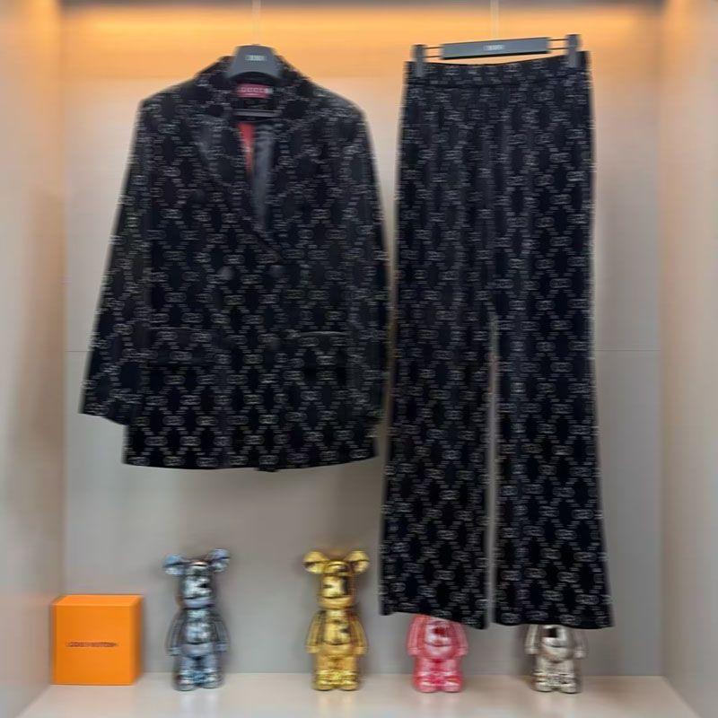 Traje De Terciopelo Para Mujer Con Chaqueta Estampada De Diseño Cruzado Combinada Con Pantalones Largos Anchos, Conjunto De Traje De Lujo De Alta Calidad