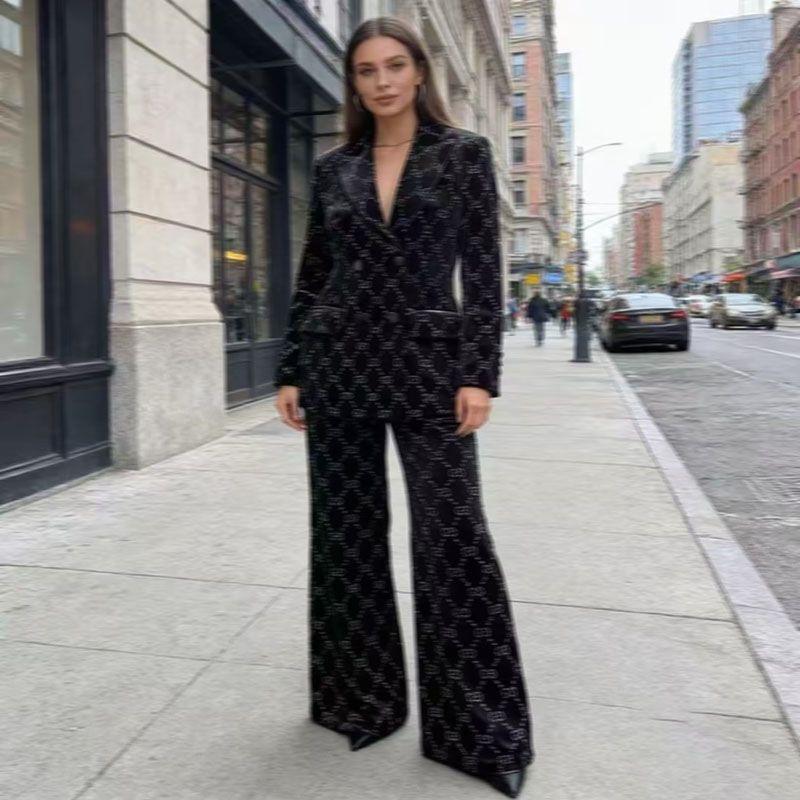 Traje De Terciopelo Para Mujer Con Chaqueta Estampada De Diseño Cruzado Combinada Con Pantalones Largos Anchos, Conjunto De Traje De Lujo De Alta Calidad - Imagen 3