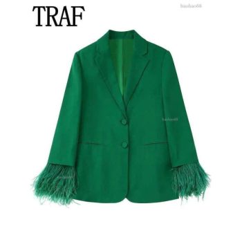 Trajes Blazers Traf Traf Suites Blazer Para Mujeres Blazer Verde Feather Blazer Mujer 2022 Sets Blazer De Manga Larga Botón Elegante Blazers Blazers T2