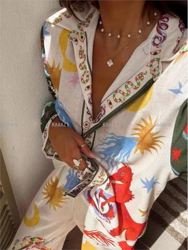 Trajes De Estampado Casual De Moda De Polo Mujeres De Mangas Largas Camiseta Tops Pantalones Elegantes Femeninos De 2 Piezas Ejuicios De Ropa Volicería 2 - Imagen 3