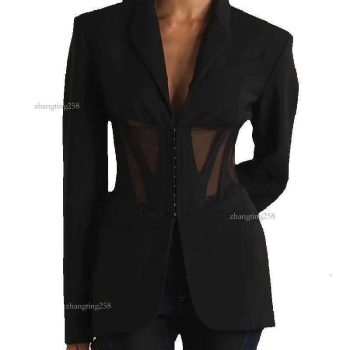 Trajes De Mujer Blazer Casual Negro Para Mujer Malla Sexy Ver A Través De Blazers Delgados Otoño Invierno Moda Manga Larga Botón Club Abrigos De Fiesta