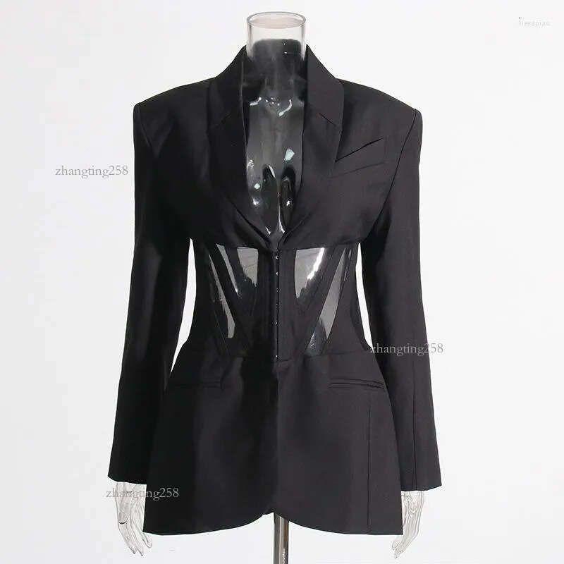 Trajes De Mujer Blazer Casual Negro Para Mujer Malla Sexy Ver A Través De Blazers Delgados Otoño Invierno Moda Manga Larga Botón Club Abrigos De Fiesta - Imagen 2