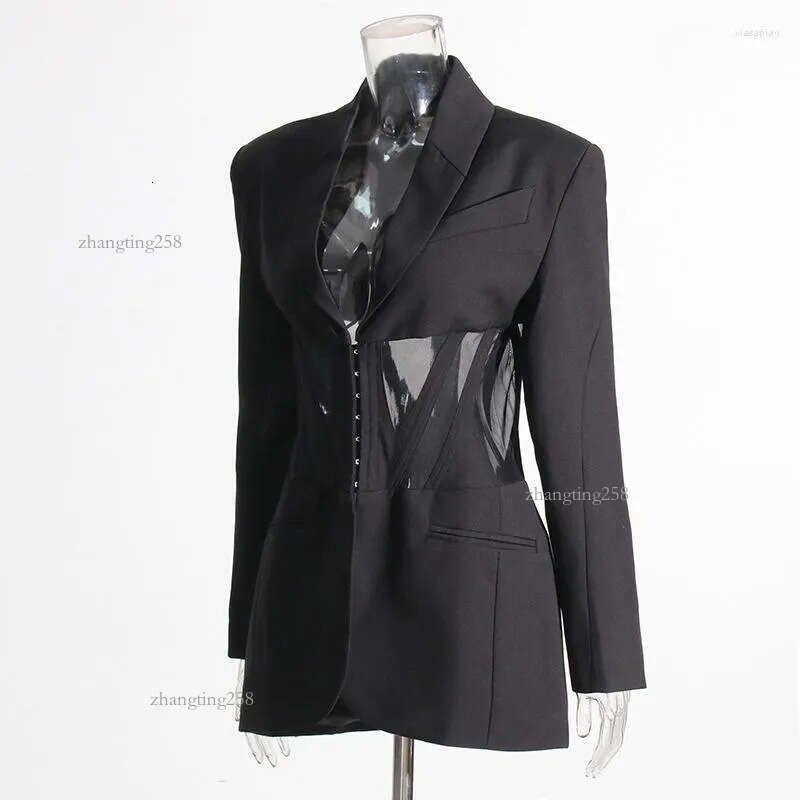 Trajes De Mujer Blazer Casual Negro Para Mujer Malla Sexy Ver A Través De Blazers Delgados Otoño Invierno Moda Manga Larga Botón Club Abrigos De Fiesta - Imagen 3