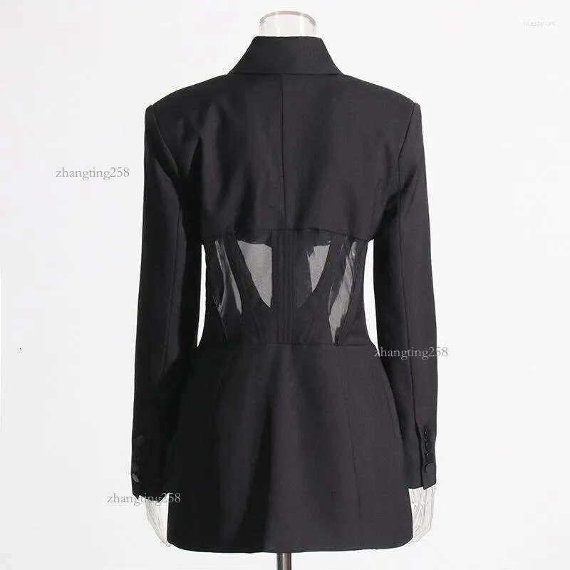 Trajes De Mujer Blazer Casual Negro Para Mujer Malla Sexy Ver A Través De Blazers Delgados Otoño Invierno Moda Manga Larga Botón Club Abrigos De Fiesta - Imagen 4