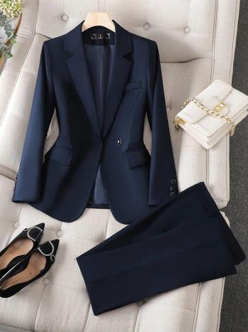 Trajes Para Mujer Blazers Azul Marino Gris Negro Traje De Pantalón Para Mujer Oficina Formal Ropa De Trabajo De Negocios Blazer Chaqueta Y Pantalón Conjunto De 2 Piezas Para Mujer