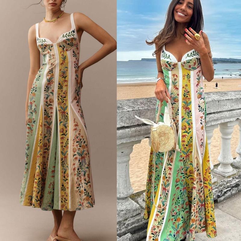 Vestido De Vacaciones Con Tirantes Estampados De Lino, Estilo Ins De Moda, Silueta Informal Holgada, Tela Transpirable, Atuendo Diario De Moda Para Mujer