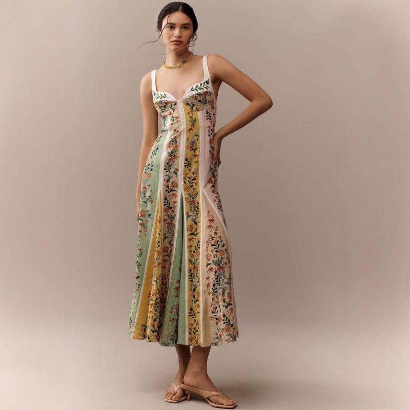 Vestido De Vacaciones Con Tirantes Estampados De Lino, Estilo Ins De Moda, Silueta Informal Holgada, Tela Transpirable, Atuendo Diario De Moda Para Mujer - Imagen 2