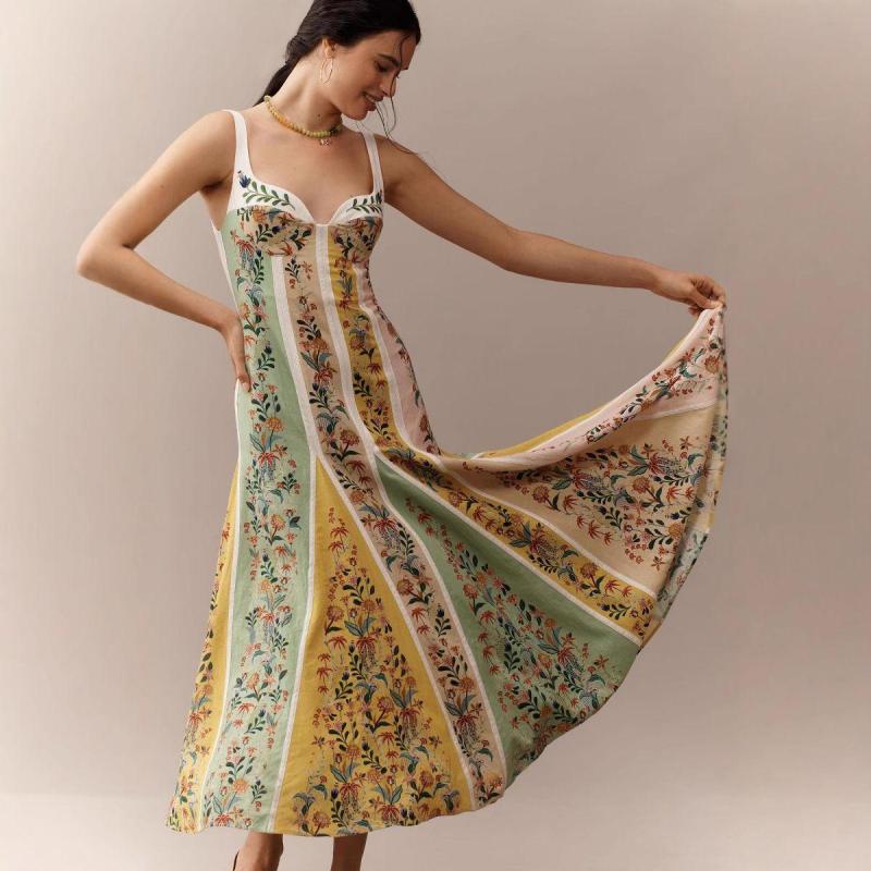 Vestido De Vacaciones Con Tirantes Estampados De Lino, Estilo Ins De Moda, Silueta Informal Holgada, Tela Transpirable, Atuendo Diario De Moda Para Mujer - Imagen 3