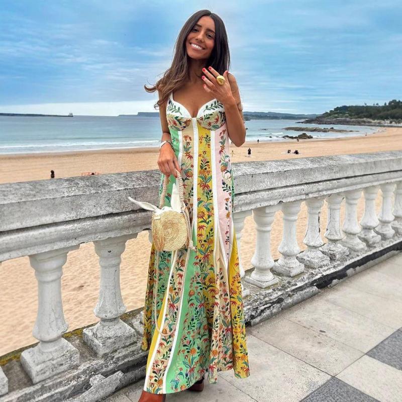 Vestido De Vacaciones Con Tirantes Estampados De Lino, Estilo Ins De Moda, Silueta Informal Holgada, Tela Transpirable, Atuendo Diario De Moda Para Mujer - Imagen 4